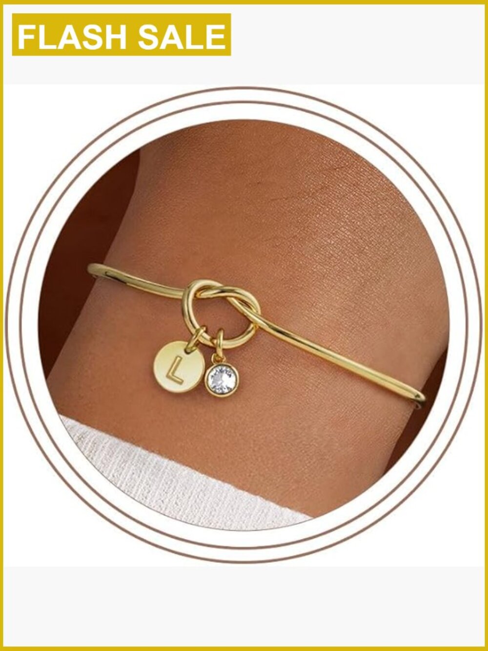 14K Gold Plated Personalized Initial Birthstone Heart Knot Bangle Bracelet